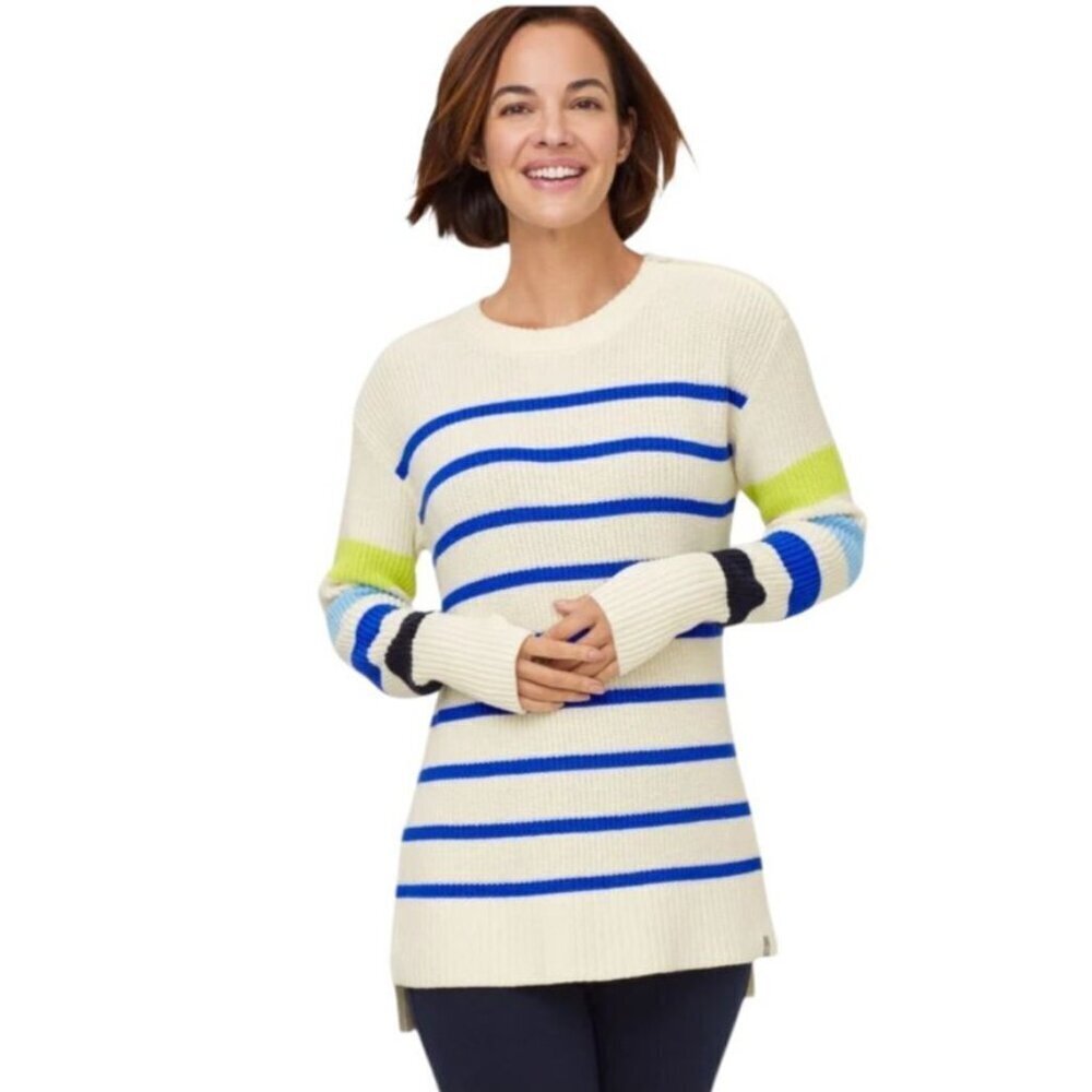 T by Talbots Multi Stripe Crewneck High-Low Sweater Ivory Blue Medium - Picture 2 of 11